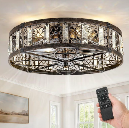 20" Caged Flush Mount Vintage Ceiling Fan and Remote