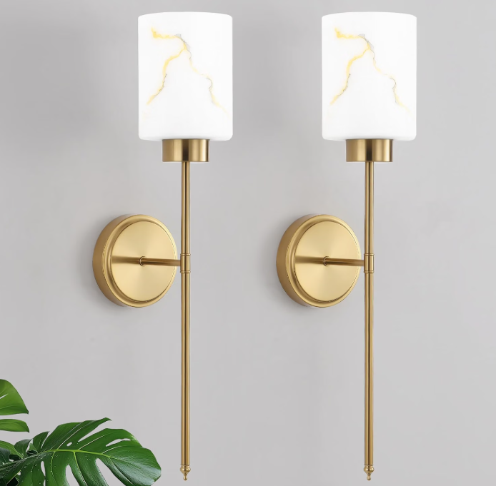 Gold Wall Sconces Set with Marble Glass Shade