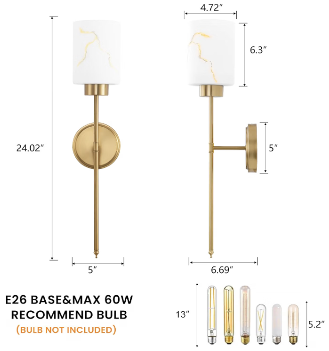 Gold Wall Sconces Set with Marble Glass Shade 3