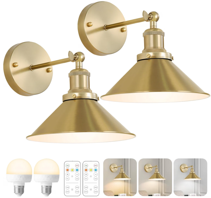 Gold Vintage Wireless Wall Sconces with Remote