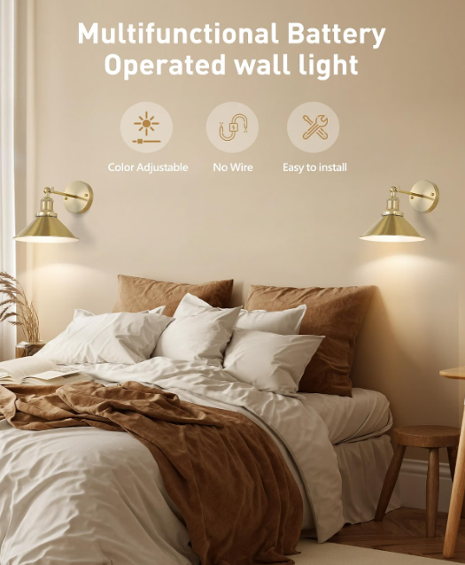 Gold Vintage Wireless Wall Sconces with Remote