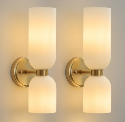 Brushed Gold Brass Mid-Century Wall Sconces with Milky Glass