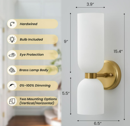 Brushed Gold Brass Mid-Century Wall Sconces with Milky Glass 3