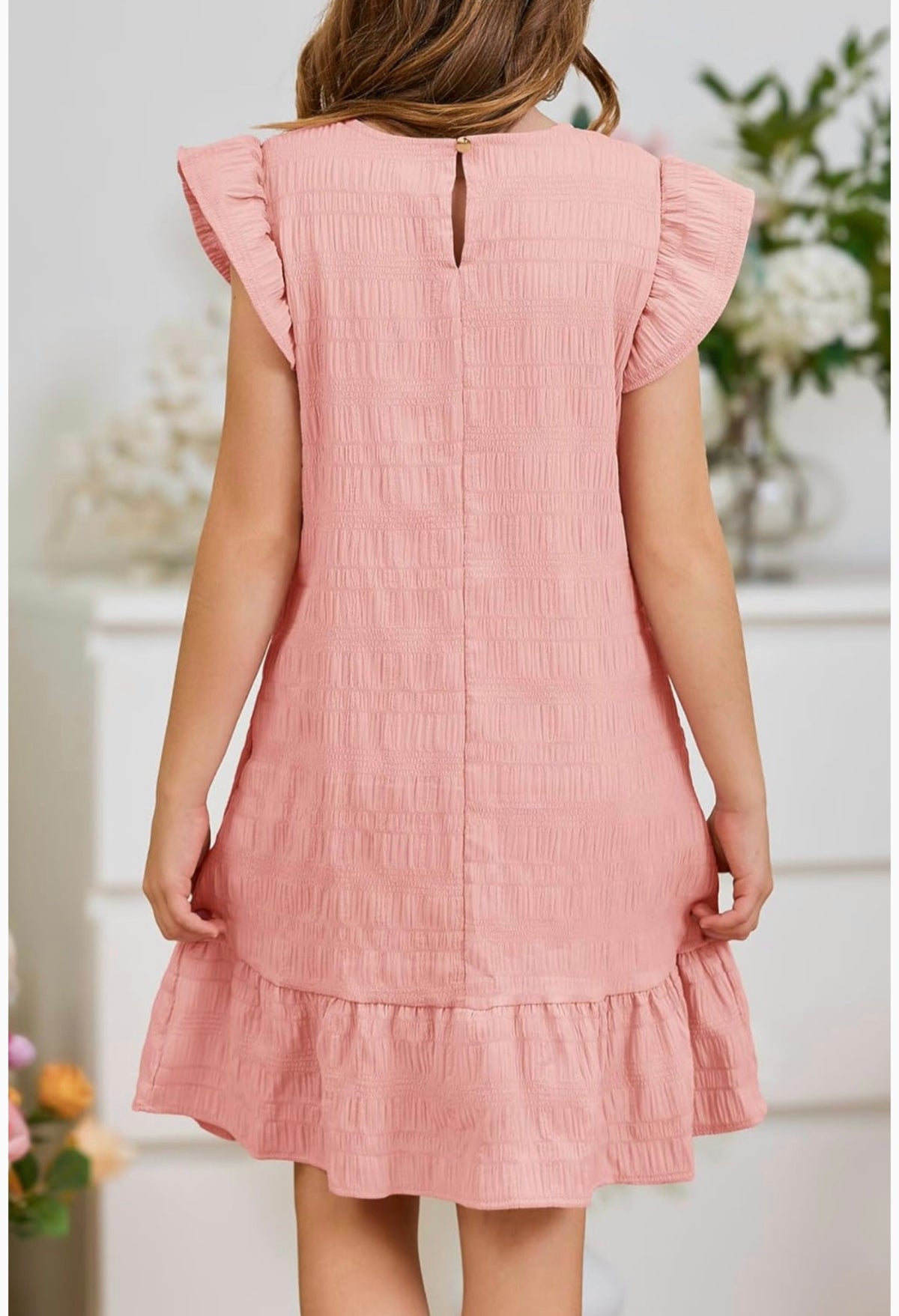 Girls Summer Boho Flutter Sleeve Crew Neck Ruffle Tiered Swing Casual Pink Sundress With Pockets For 12-13 Y