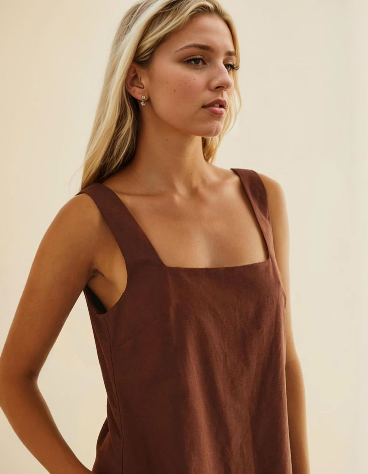 Mini Dress for Women Casual Square Neck Backless Short Dress Solid Tank Shift Dress Brown 4