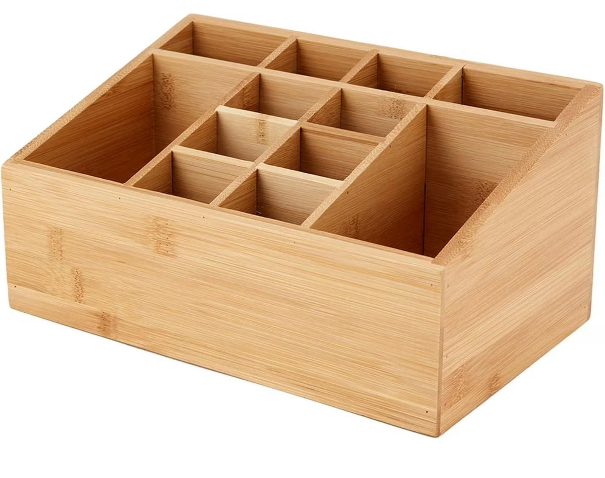 12-Compartment Bamboo Bathroom Organizer, Brown 10.00"×6.25"×5.00" Multi-Grid Storage Caddy for Toiletries, Cosmetics, Vanity & Bathroom Counter Organization 1