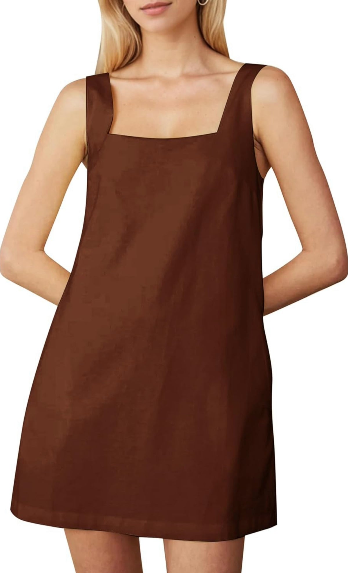 Mini Dress for Women Casual Square Neck Backless Short Dress Solid Tank Shift Dress Brown 1