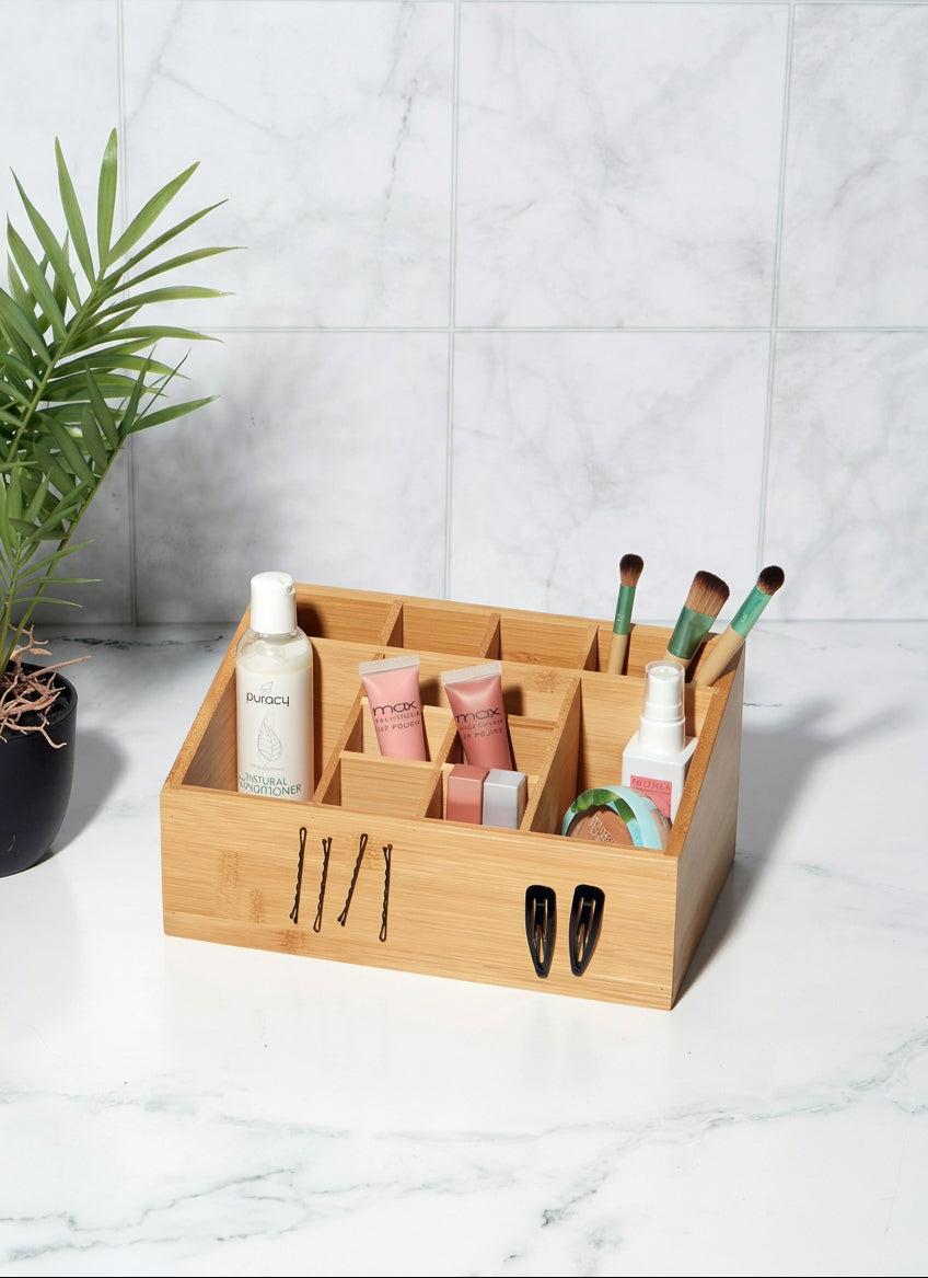 12-Compartment Bamboo Bathroom Organizer, Brown 10.00"×6.25"×5.00" Multi-Grid Storage Caddy for Toiletries, Cosmetics, Vanity & Bathroom Counter Organization 2