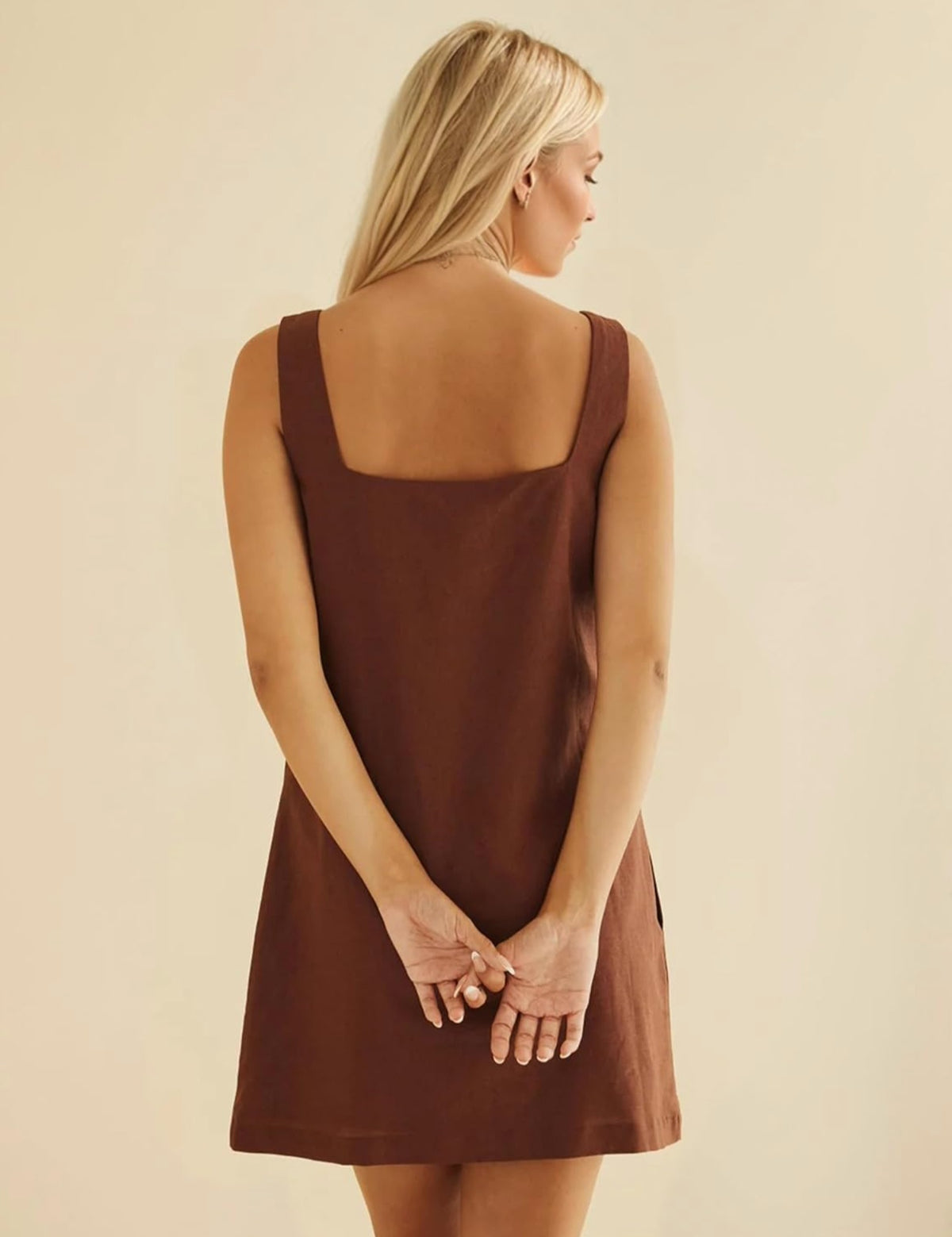 Mini Dress for Women Casual Square Neck Backless Short Dress Solid Tank Shift Dress Brown 6