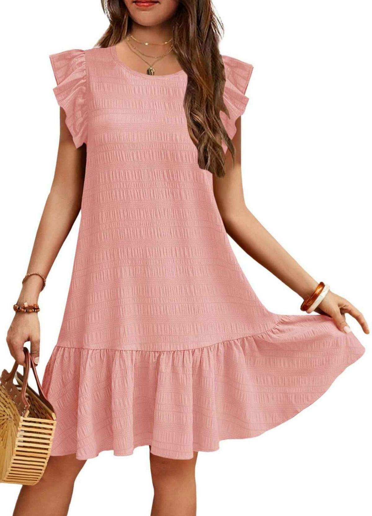 Girls Summer Boho Flutter Sleeve Crew Neck Ruffle Tiered Swing Casual Pink Sundress With Pockets For 12-13 Y