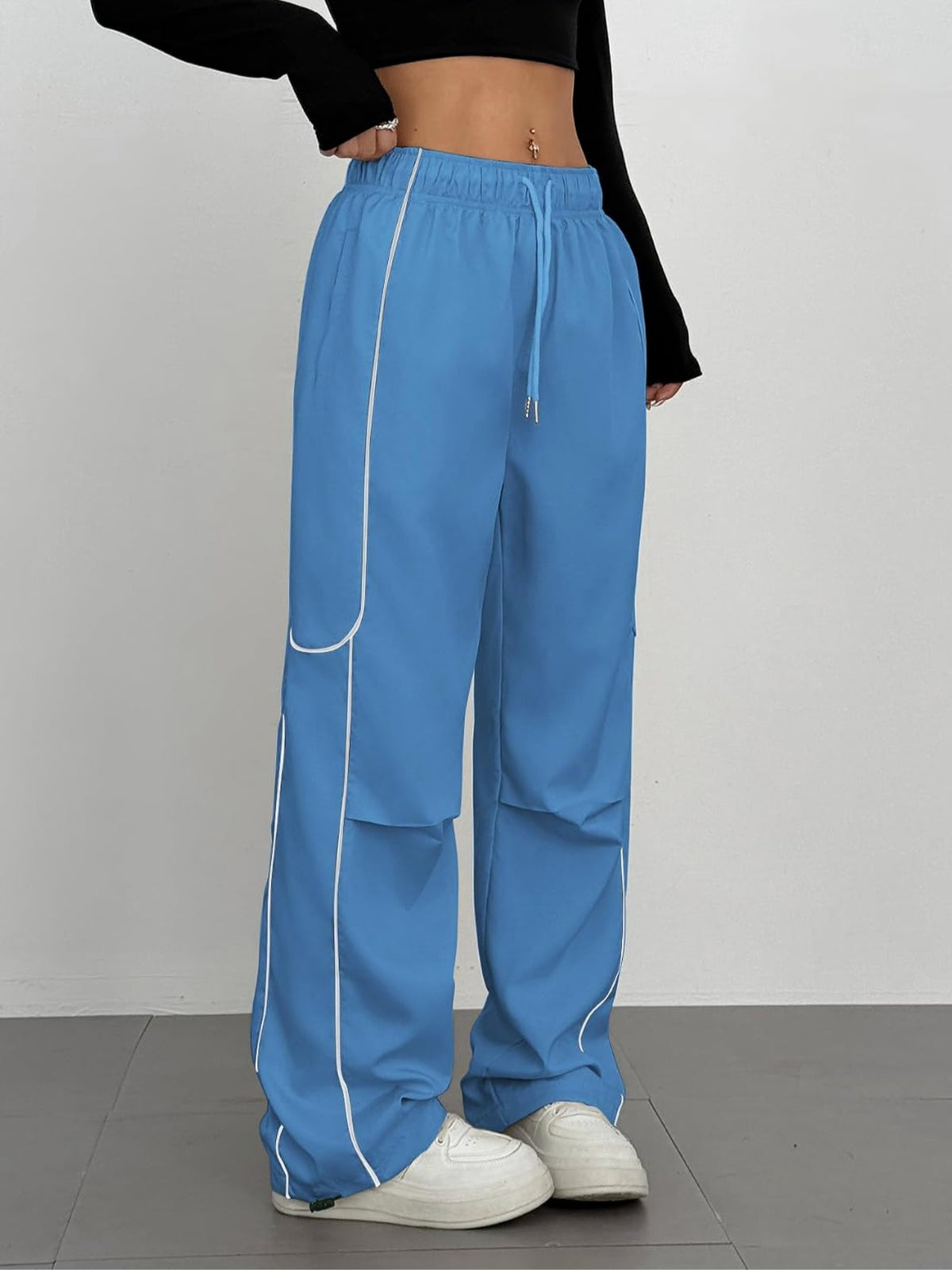Women's Parachute Y2K Contrast Pipping Cargo Jogger Pants
Lightweight Straight Casual Pants,Drawstring High-Waisted Track Pants 6