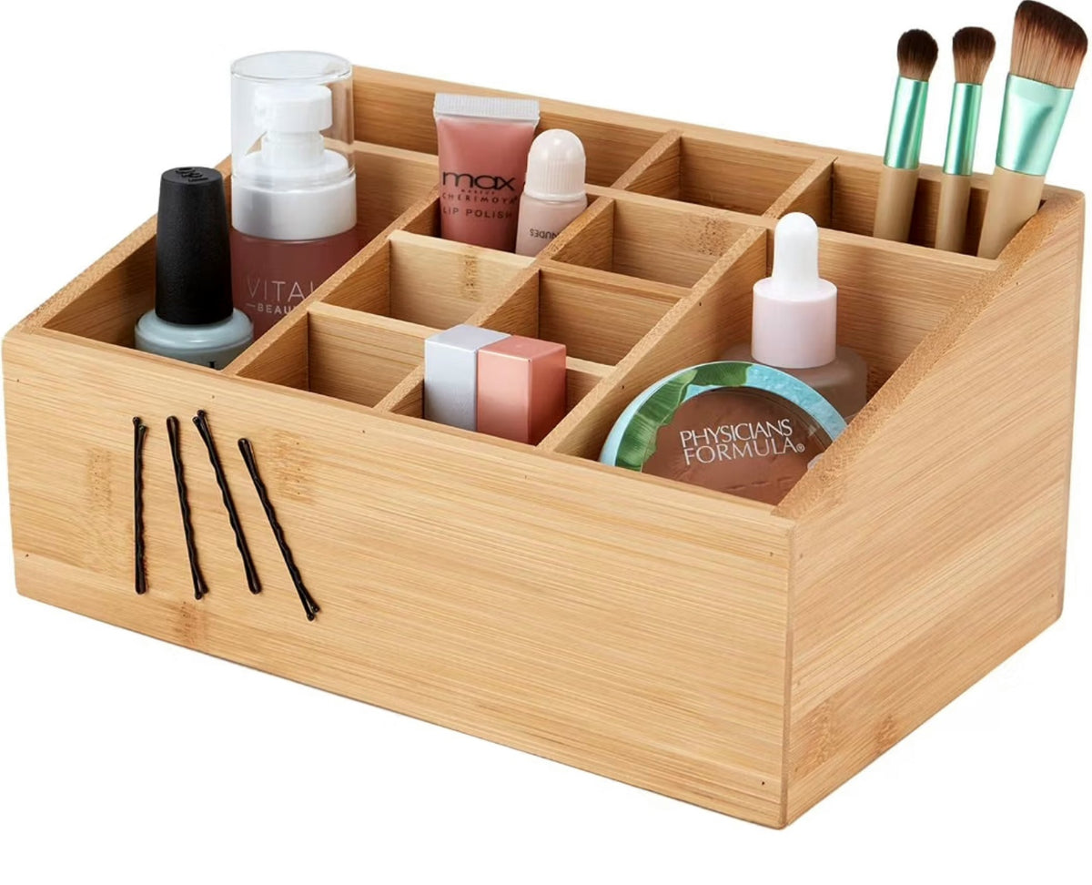 12-Compartment Bamboo Bathroom Organizer, Brown 10.00"×6.25"×5.00" Multi-Grid Storage Caddy for Toiletries, Cosmetics, Vanity & Bathroom Counter Organization 4