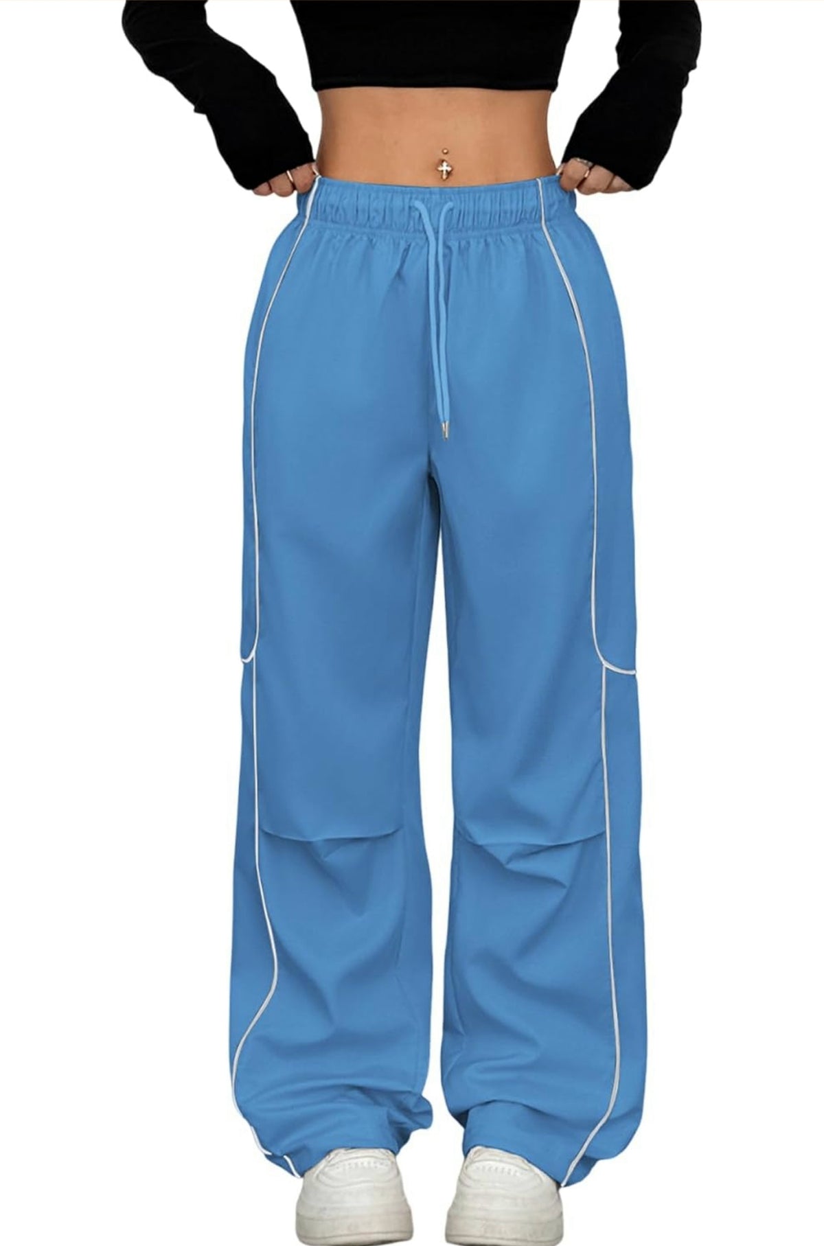 Women's Parachute Y2K Contrast Pipping Cargo Jogger Pants
Lightweight Straight Casual Pants,Drawstring High-Waisted Track Pants