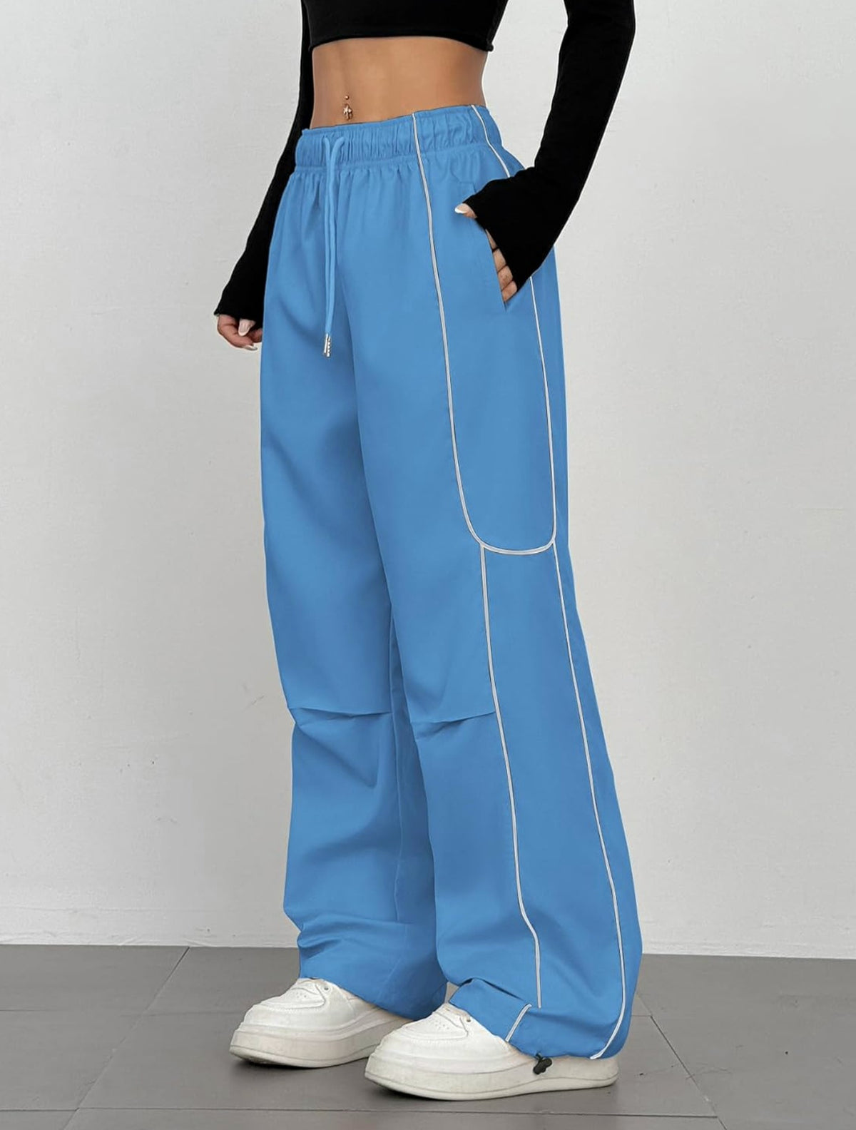 Women's Parachute Y2K Contrast Pipping Cargo Jogger Pants
Lightweight Straight Casual Pants,Drawstring High-Waisted Track Pants 5