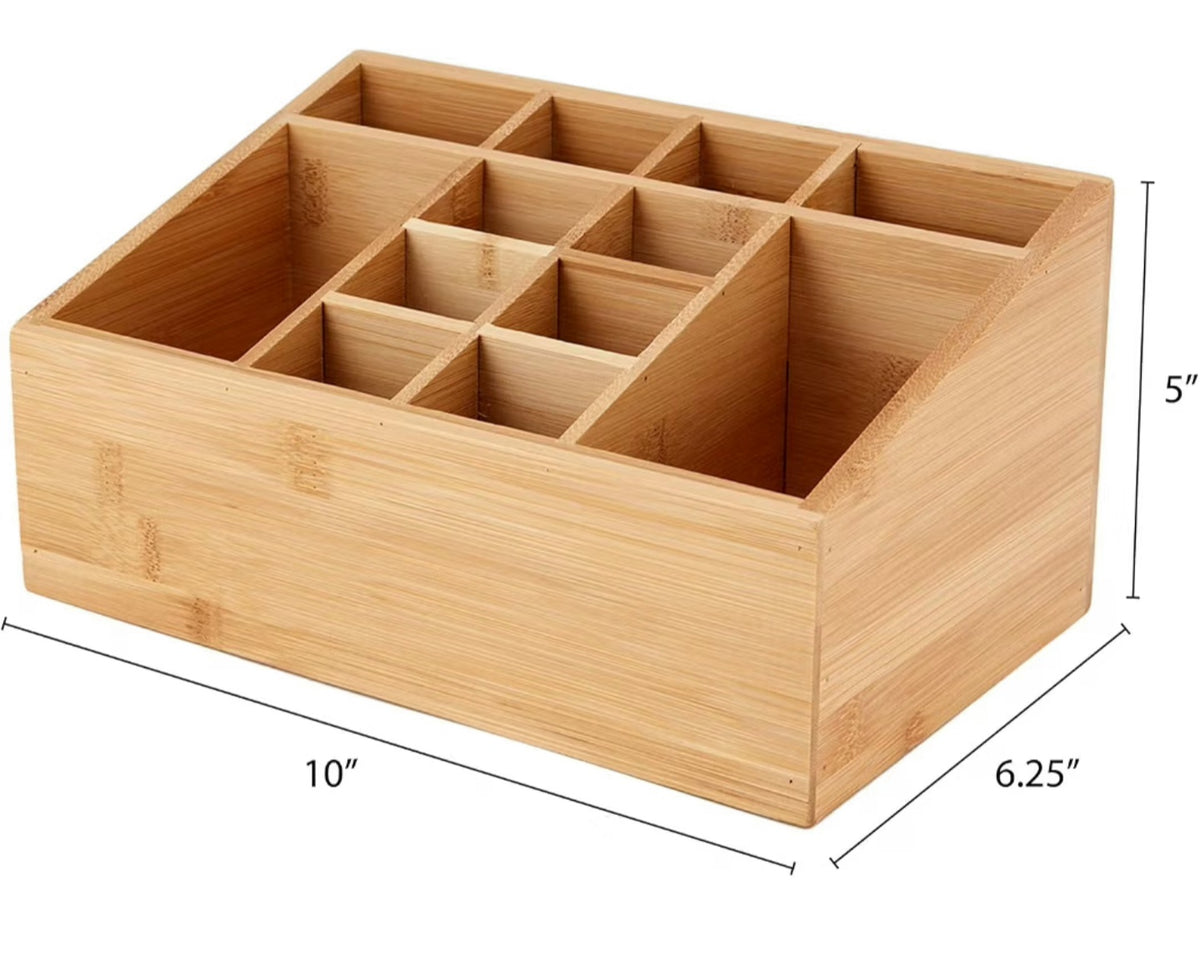 12-Compartment Bamboo Bathroom Organizer, Brown 10.00"×6.25"×5.00" Multi-Grid Storage Caddy for Toiletries, Cosmetics, Vanity & Bathroom Counter Organization 3