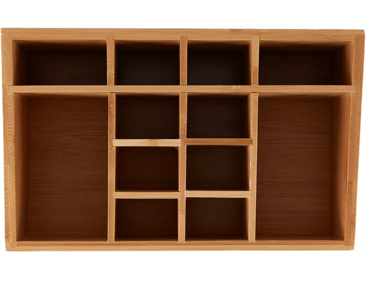 12-Compartment Bamboo Bathroom Organizer, Brown 10.00"×6.25"×5.00" Multi-Grid Storage Caddy for Toiletries, Cosmetics, Vanity & Bathroom Counter Organization 5
