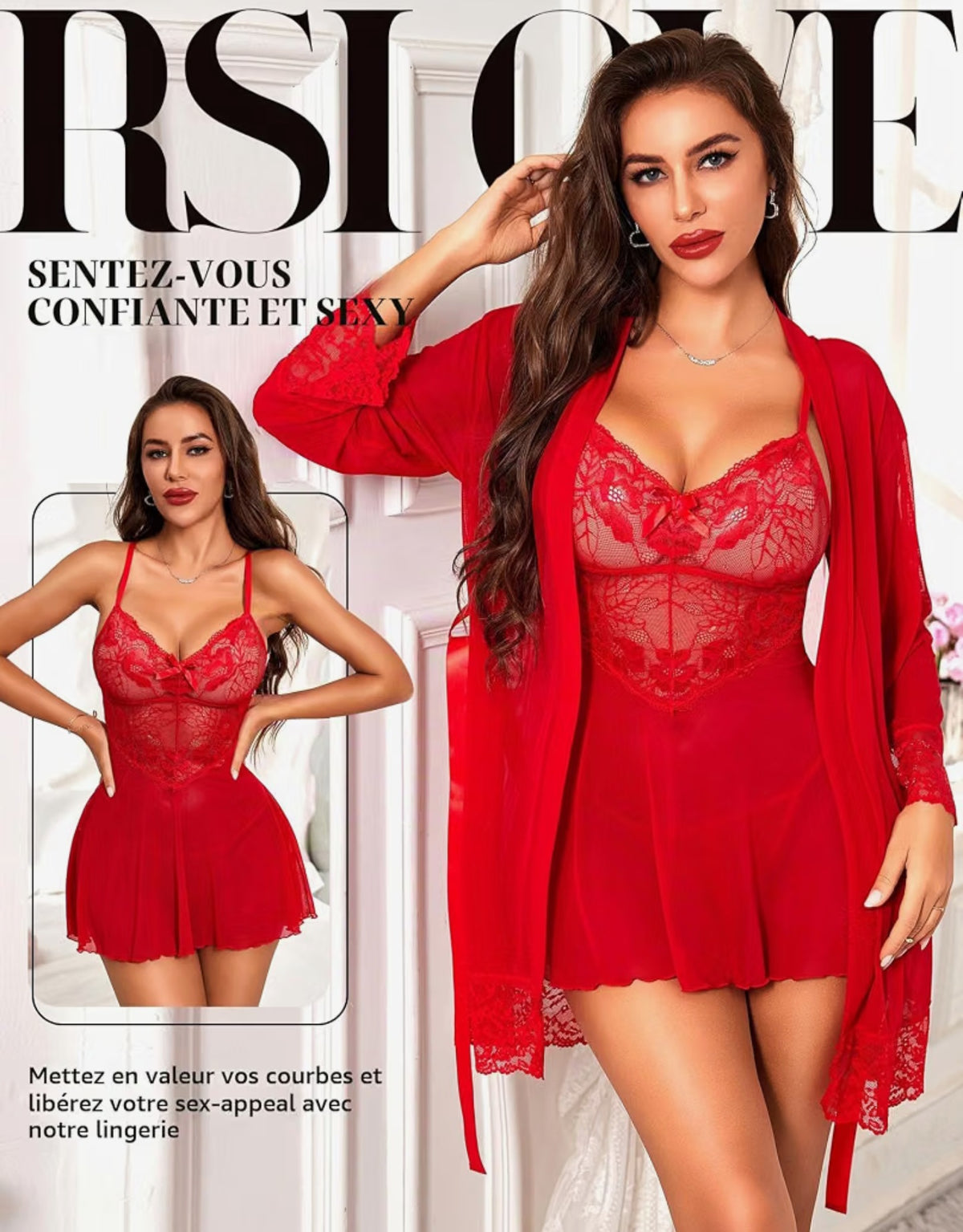 Nuisette Femme Lingerie Babydoll - Sexy Robe de Nuit en Dentelle Ensemble de Chemise 4